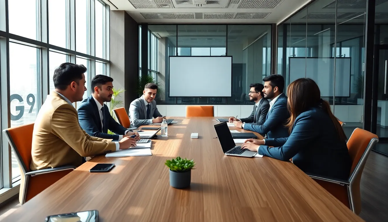 Corporate regulatory compliance team meeting in modern office